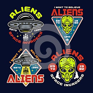 Aliens and ufo set of four colored vector emblems
