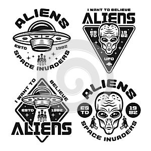 Aliens and ufo set of four vector emblems