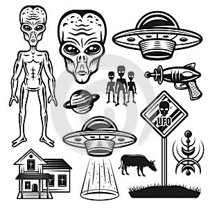 Aliens and ufo set of vector objects or elements photo