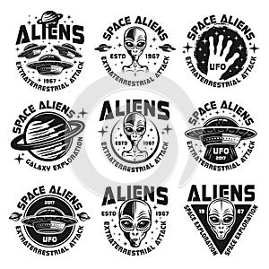 Aliens and ufo vintage emblems, labels, badges