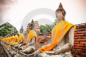 Aligned buddha statues at Wat Yai Chai Mongkhon Ayutthaya