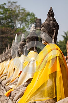 Aligned Buddha Statues at Wat Yai Chaimongkol Ayutthaya Bangkok
