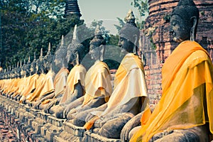 Aligned Buddha Statues at Wat Yai Chaimongkol Ayutthaya Bangkok