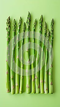 Aligned fresh asparagus spears on a green background., Generated AI