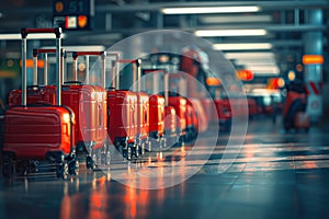 Aligned Red Suitcases at Airport Terminal.