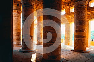 Aligned shot of ancient egyptian pillars in karnak temple in luxor, ancient temple open to public. Remains of the great egyptian