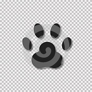 Alimal paw sign with realistic shadow on transparent background. Paw symbol