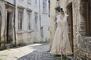 aline summer dress on mannequin, cobblestone street setting photo
