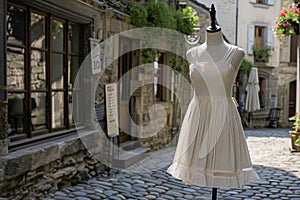 aline summer dress on mannequin, cobblestone street setting photo