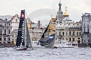 Alinghi and SAP catamarans on Extreme Sailing Series Act 5 catamarans race on 1th-4th September 2016 in St. Petersburg, Russia