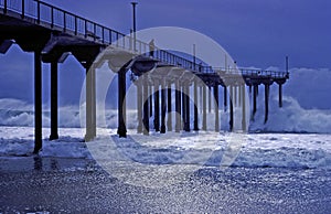 Aliso Pier during a storm in Laguna Beach, California.