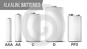 Alkaline Batteries Mock Up Set Vector. Different Types AAA, AA, C, D, PP3, 9 Volt. Classic Modern Realistic Battery