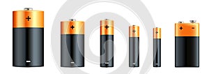Alkaline batteries realistic set. Types of batteries. Size - D, C, AA, AAA, AAAA, PP3. Alkaline battery set with diffrent size - photo