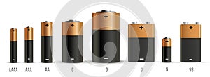 Alkaline batteries realistic style set of different size photo