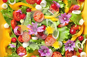 Alkaline, colorful salad with flowers, fruit and vegetables