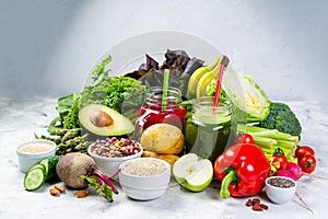 Alkaline diet concept - fresh foods on rustic background