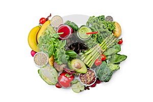 Alkaline diet concept - heart shaped fresh foods on rustic background