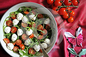 Alkaline diet concept with Italian rocket mozzarella and fresh organic tomatoes