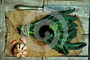 Alkaline, healthy food : kale leaves on a vintage background