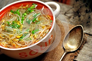 Alkaline, healthy lunch: soybeans sprout soup and bread