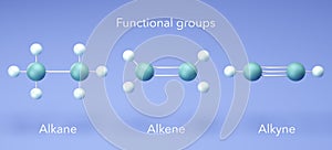 Alkane, alkene, alkyne - Functional groups, organic chemical, molecular structures, 3d rendering photo