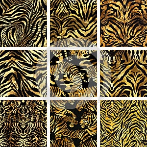 Black and Gold Royal Tiger Skin Texture Pack, Nine Seamless Vector Backgrounds.