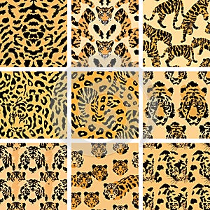 Traditional African Wild Cat Fur Textures, Set of 9 Seamless Leopard and Tiger Designs.