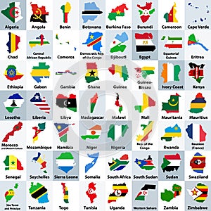 All African countries maps mixed with their national flags and arranged in alphabetical order