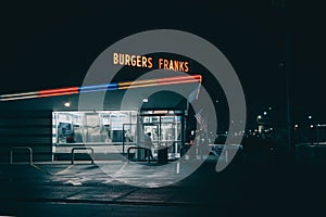 All American Hamburger Drive In neon sign at night, Massapequa, New York