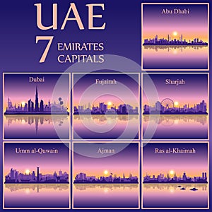 All the capital cities of the United Arab Emirates on sunset bac