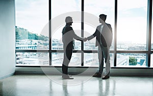 It all comes down to a handshake. Shot of two confident businessmen shaking hands in agreement while standing inside the