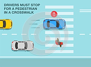 All drivers must stop for a pedestrian in a crosswalk. Failing to stop for pedestrians. Top view.