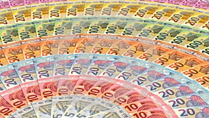 All Euro banknotes arranged in a circle