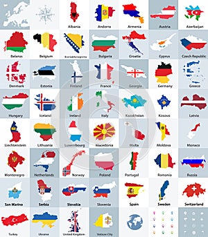 All Europe countries maps mixed with flags