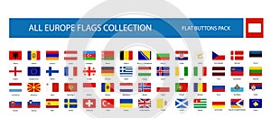 All Europe Flags round rectangle flat buttons isolated on white