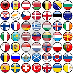All European Flags - circle glossy buttons. Every button is isolated on white background