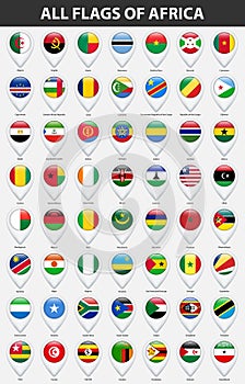 All flags of the countries of Africa. Pin map pointer glossy style.