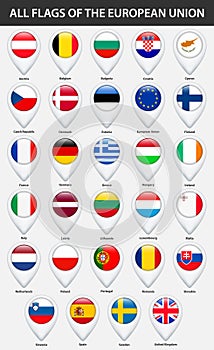 All flags of the countries of the European Union. Pin map pointer glossy style.