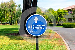 All-Gender Restroom outdoor sign with directional arrow to gender neutral toilet. ADA compliant outdoor signage