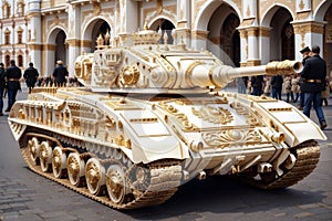 All Glitter - No Punch - Golden decorated Ivory Russian Tank in front of Kremlin, created with Generative AI technology