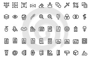 All Graphic Designer Tools Line Icon Set for Education, include pen tool, text box, shaps, color palette, direct selection tool