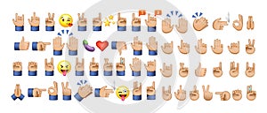 All hand emojis, stickers in all skin colors. Hand emoticons symbols set, collection. Hands, handshakes, muscle, finger