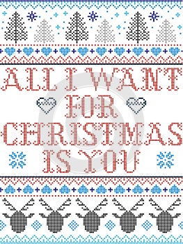 All I want for Christmas is you Scandinavian pattern inspired by Norwegian Christmas, festive winter textile in cross stitch