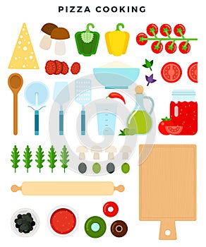 All ingredients for making pizza, dough and filling. Set of products and tools for pizza cooking. Vector illustration.