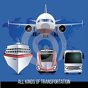 All kinds of travel transport. Plane, bus, train and cruise liner. One style set.