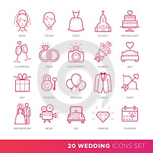 All Kinds of Wedding Marriage or Bridal Icons Set Vector.