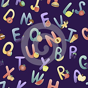All letters of the alphabet with pictures are fruits and vegetables. English dictionary and alphabet, vector seamless pattern on