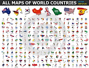 All maps of world countries and flags . Collection of outline shape of international country map with shadow . Flat design .