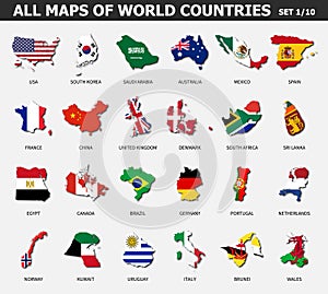 All maps of world countries and flags . Set 1 of 10 . Collection of outline shape of international country map with shadow . Flat