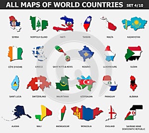 All maps of world countries and flags . Set 4 of 10 . Collection of outline shape of international country map with shadow . Flat